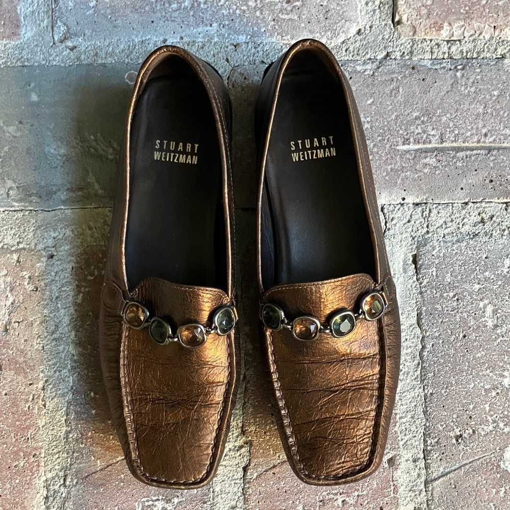 Stuart Weitzman Metallic Bronze Copper Loafers with Jewels